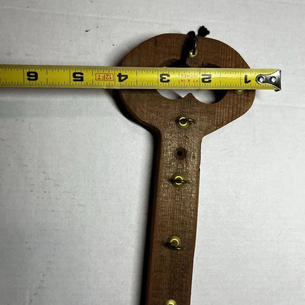 Vintage Wooden Key Shaped Wall Key Holder Rack 10 Brass Hooks Lightweight Rustic